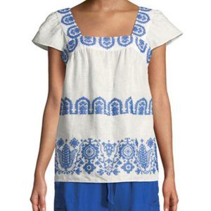 MILLY Women Mykonos Embroidered Linen Flutter Sleeve Blouse Top Square Neck P/XS